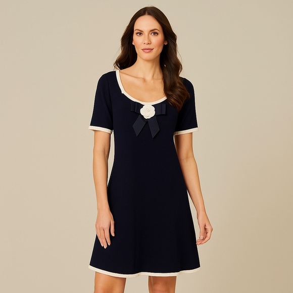 Luisa Spagnoli Dresses & Skirts - Luisa Spagnoli Navy Blue Knit Dress IT 44 US 8 Bow Trim Elegant Classic Luxury